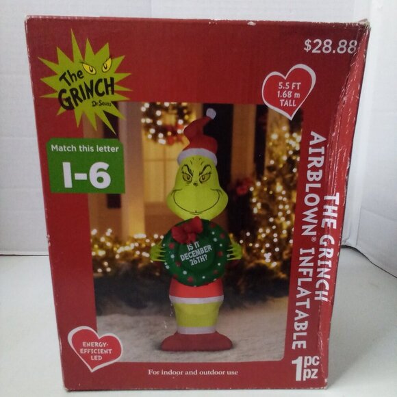 Gemmy The Grinch Airblown Inflatable 5.5 Ft Holding Wreath Christmas - Picture 1 of 11